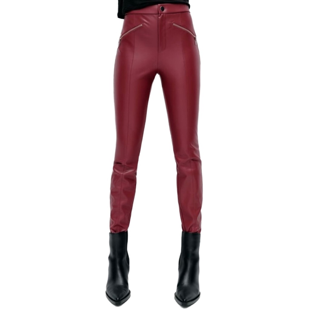 Zara Burgundy Faux Leather Moto Pants High Waist Women’s S